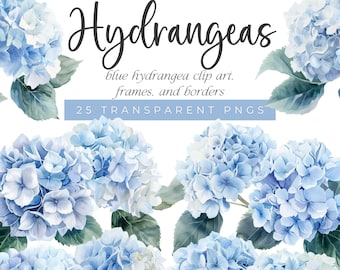 Blue Hydrangea Watercolor Floral Clipart, Hydrangea Floral Art, Blue Flowers Clipart, Soft Hydrangea Clipart, Floral Wedding Invitation Art