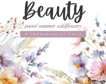 Pastel Watercolor Flowers, Watercolor Florals Clipart, Wildflower Floral Borders, Summer Meadow Flowers, Pastel Flowers Clipart