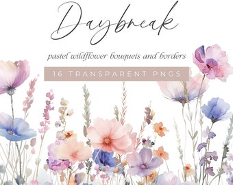 May include: Watercolor image featuring pastel wildflower bouquets and borders. The image includes a variety of flowers in shades of pink, purple, and blue, with the text "Daybreak" in elegant script. The image also includes the text "16 Transparent PNGs".