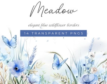 Blue Watercolor Flower Border, Watercolor Meadow Florals, Wildflower Floral Bouquets, Blue Meadow Flowers, Delicate Blue Wildflower Clip Art
