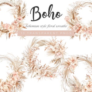 Boho Wildflower Wreaths, Boho Style Wildflower Wreaths, Clip Art de Coroa de Flores Silvestres, Boho Watercolor Wildflowers, Arte de Flores Silvestres Rosa
