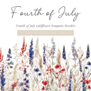 Fourth of July Wildflower-illustraties, aquarel wilde bloemenranden, rode, witte en blauwe bloemenranden, rode bloem, Fourth of July bloemen