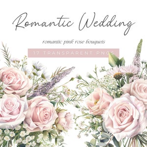 Romantische bruiloft illustraties, roze roos & baby's adem aquarel boeketten, aquarel bloemen illustraties voor huwelijksuitnodigingen, zacht roze roos