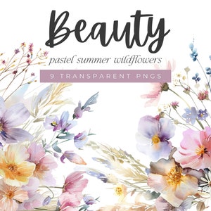 Pastel Watercolor Flowers, Watercolor Florals Clipart, Wildflower Floral Borders, Summer Meadow Flowers, Pastel Flowers Clipart