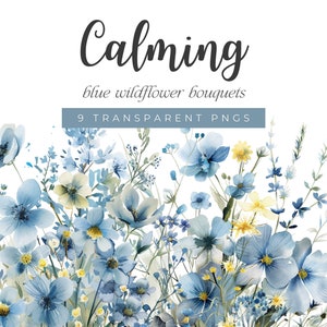 Aquarel bloemen clipart, blauwe wilde bloemen clipart, stoffige blauwe en gele bloemen boeket, aquarel wilde bloemen boeketten, bruiloft clipart