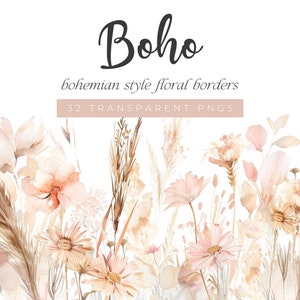 Bordas de flores silvestres Boho, Bordas de flores silvestres estilo Boho, Clip Art de borda de flores silvestres, Flores silvestres em aquarela Boho, Arte de flores silvestres rosa