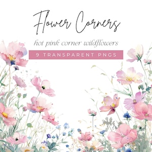 Watercolor Floral Corner Clipart, Pink Floral Corner Bouquets Clipart, Pink Wildflowers, Watercolor Floral Corners, Peach Flower Clip Art