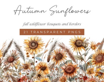 Herbst Sonnenblume Aquarell Clipart, Sonnenblume Clipart, Sonnenblume Bouquet und Grenzen, Herbst Blumen Clipart, Herbst Hochzeit Clipart