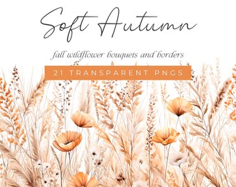 Soft Autumn Watercolor Wildflower Bouquets and Borders, Fall Floral Clip Art Orange Flowers, Watercolor Floral Clipart, Autumn Floral Border