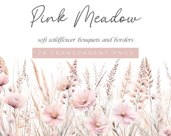 Bordi e mazzi di fiori selvatici dell'acquerello di prato rosa, clipart floreale dell'acquerello, clipart di prato di fiori rosa, clipart di matrimonio di fiori morbidi