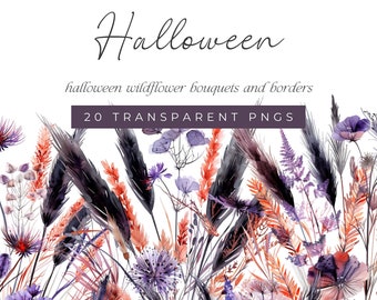 Halloween Wildflower Bouquets and Border Watercolor Floral Clipart for Halloween Designs, Watercolor Flower Halloween Clipart