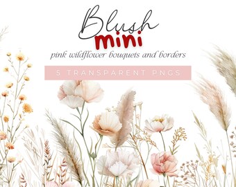 Pink Wildflower Bouquets and Borders, Watercolor Blush Floral Clipart, Pastel Meadow Flower Clip Art, Summer Wildflowers Clipart, Blush Pink