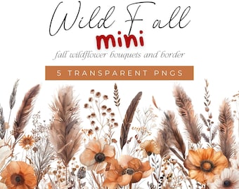 Watercolor Autumn Floral Clipart, Fall Wildflower Bouquets and Borders, Fall Meadow Flower Clip Art, Fall Clipart, Wildflowers and Feathers