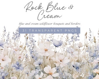 May include: Watercolor illustration of a field of blue and cream wildflowers. The image is labeled "Rock Blue & Cream" and "31 TRANSPARENT PNGS".