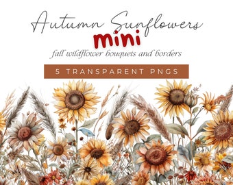 Herbst Sonnenblume Aquarell Clipart, Sonnenblume Clipart, Sonnenblume Bouquet und Grenzen, Herbst Blumen Clipart, Herbst Hochzeit Clipart