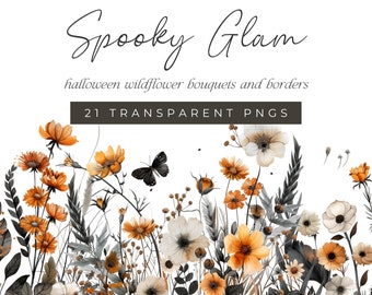 Halloween Floral Clipart Wildflowers Bouquet and Borders Elegant Orange and Black Flowers Clip Art PNGs, Halloween Clip Art Wild Flowers