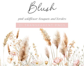 Pink Wildflower Bouquets and Borders, Watercolor Blush Floral Clipart, Pastel Meadow Flower Clip Art, Summer Wildflowers Clipart, Blush Pink