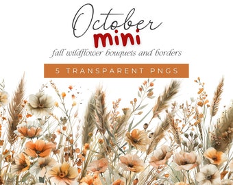 Watercolor Fall Wildflowers Bouquets and Borders Autumn Flower Wedding Clipart Fall Floral Orange Flower Meadow Clipart Watercolors PNGs