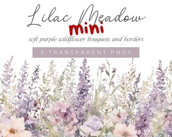May include: Watercolor illustration of a lilac meadow with soft purple wildflowers and green foliage. The image includes the text "Lilac Meadow mini" and "5 TRANSPARENT PNGS".