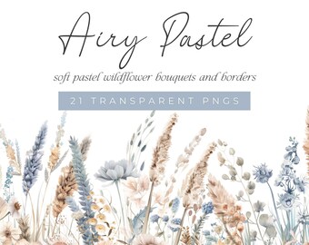 May include: Airy Pastel: soft pastel wildflower bouquets and borders. 21 transparent PNGs. Watercolor illustration of a border of pastel blue and brown wildflowers.