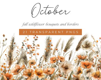 Watercolor Fall Wildflowers Bouquets and Borders Autumn Flower Wedding Clipart Fall Floral Orange Flower Meadow Clipart Watercolors PNGs