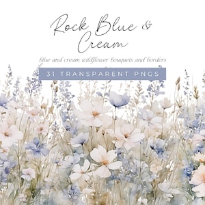 Bordures et bouquets de fleurs sauvages bleus et crème, clipart aquarelle prairie florale, PNG de fleurs douces, faire-part de mariage et art de la fabrication de cartes