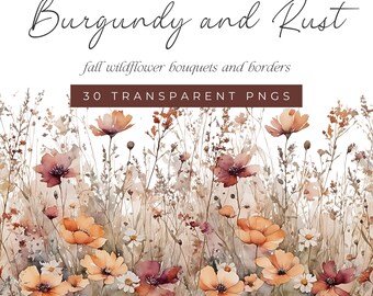 Burgundy and Rust Flower Clipart, Red and Orange Watercolor Floral Clip Art, Autumn Wildflower Meadow Bouquet and Borders, Fall Florals