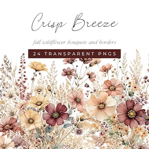 Rot und Creme Herbst Wildblumen Blumensträuße und Ränder, Aquarell Herbst Blumen Clipart, Weiche Blumen PNGs, Hochzeitseinladung und Kartenherstellung