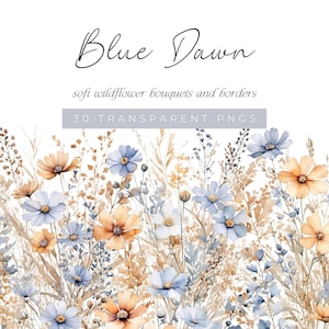 Soft Blue and Pale Orange Wildflower Bouquet and Borders, Watercolor Floral Clipart PNGs, Elegant Wildflower Meadow Clip Art, Blue Flowers