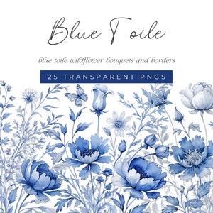 Chinoiserie Blumen Clipart, Blau Toile Wildblumen Clipart, Toile de Jouy Clip Art, Blumensträuße und Bordüren