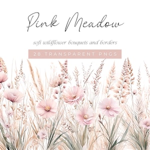 Rosa prado aquarela flores silvestres buquês e bordas, aquarela floral clipart, rosa flor prado clipart, flor macia casamento clipart