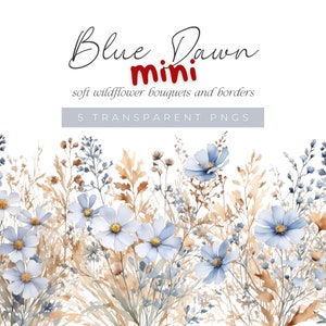 Watercolor Floral Clipart, Soft Blue and Pale Orange Wildflower Bouquet and Borders PNGs, Elegant Wildflower Meadow Clip Art, Blue Flowers