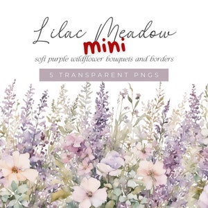 Flieder Aquarell Wildblumen Clipart, zart lila Blumen Clipart, hell lila Flieder Aquarell Blumensträuße, Wildblumen Wiese Grenzen
