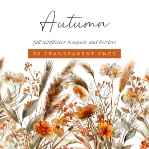 Aquarelle automne fleurs sauvages, bouquets de fleurs sauvages automne & bordures, clipart floral mariage automne, Clipart fleurs sauvages Boho automne, mariage automne