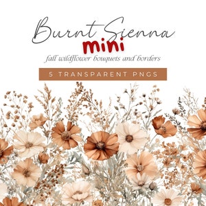 Clipart floral de outono em aquarela, buquê e bordas de flores silvestres de outono marrom e creme quentes, clipart de prado de flores de outono laranja e creme PNG