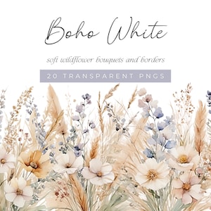 Boho Weiß Wildblumen Aquarell Floral Clipart Blumensträuße und Grenzen Boho Stil weich elegant Aquarell Clip Art PNGs Dusty Blue