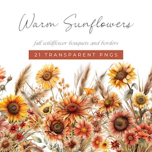 Herbst Sonnenblume nahtlose vorgefertigte Ränder und Blumensträuße Herbst Aquarell Blumen für Herbst Hochzeit Briefpapier Designs PNGs Sonnenblume Clipart