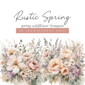Rustikale Frühling Aquarell Clipart, Wildblumensträuße Clip Art, Beige Mauve Altgrün Florals, Hochzeitseinladungen, Transparente PNG-Dateien