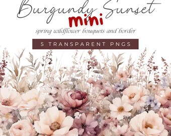 Burgundy Watercolor Wildflower Clipart: Spring Floral Bouquets PNG (Digital Download, Commercial Use)