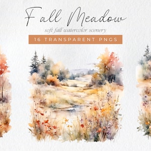 Aquarela Outono Prado Cenário Clipart Outono Montanhas Cena Outono Paisagem Outono Clip Art PNGs Prado Suave e Quente para Designs