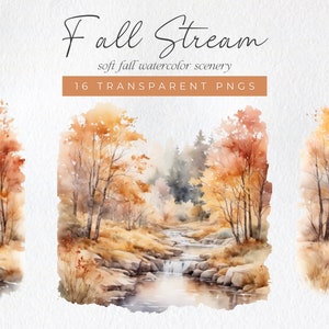 May include: Watercolor painting of a stream in a forest with fall foliage. The stream has a small waterfall and rocks. The trees are in shades of orange, yellow, and brown. The painting is on a white background. 16 TRANSPARENT PNGS