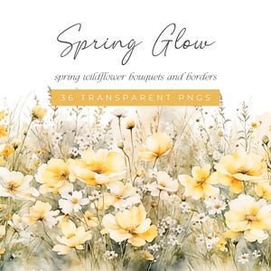 Gelbe Frühlingsblumen Clipart, Aquarell Wildblumensträuße und Ränder, weiche gelbe Aquarellblumen hellgelb und weiße Wiesenblume