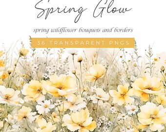 Yellow Spring Floral Clipart, Watercolor Wildflower Bouquets and Borders, Soft Yellow Watercolor Floral Light Yellow and White Meadow Flower
