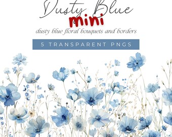 Blue Floral Clipart, Dusty Blue Watercolor Wildflower Clipart, Blue Watercolor Floral Bouquets, Soft Blue Wildflower Border ClipArt