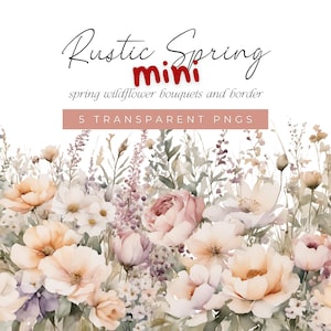 Rustikale Frühlingsblumen Clipart, Frühlings-Wildblumensträuße und Rand, Warm Beige Mauve Altgrün Florals, Hochzeitseinladung, PNG Art Files