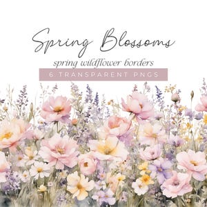 Frühlings-Wildblumenränder, rosa, lila, und gelbe Blumenkanten Clipart, Blumen PNG grafische Illustrationen für die feste Hochzeitseinladung