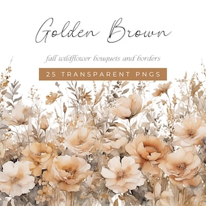 Cliparts florais de outono, buquês e bordas, flores silvestres em aquarela marrom-dourada suave, clipart de prado de outono, flores marrom-creme bege