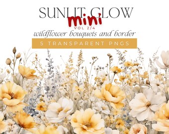 Watercolor Wildflower Clipart – Yellow and White Bouquets & Border PNG Graphics Set