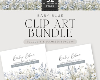 Baby Blue Wildflower Bouquets and Border, Watercolor Floral Clipart, Soft Baby Blue Watercolour Flower Graphics, Spring Floral Illustrations