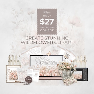 Curso de clipart floral em aquarela, buquês de flores silvestres e ensino de criação de bordas sem costura, aprenda a criar clipart floral